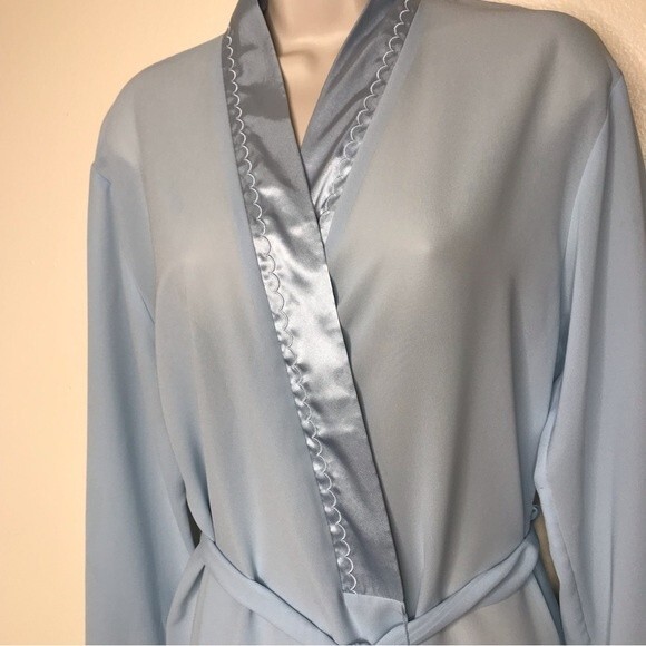 Halston Satin Trim Chiffon Bath Robe Light Blue Attached Tie Women Size Medium - Picture 3 of 16